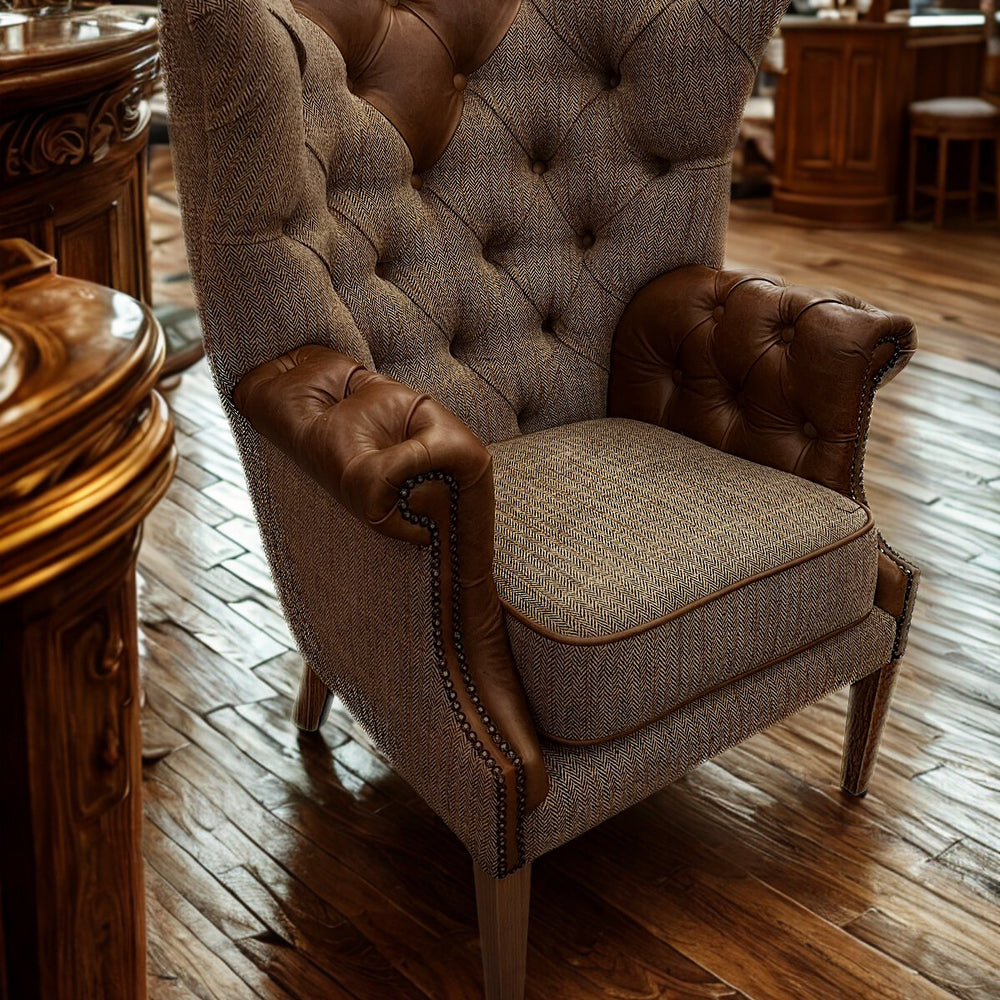 Kensington Deluxe Chair with Buttoned Arms (3HTW Hunting Lodge & Tan Leather)