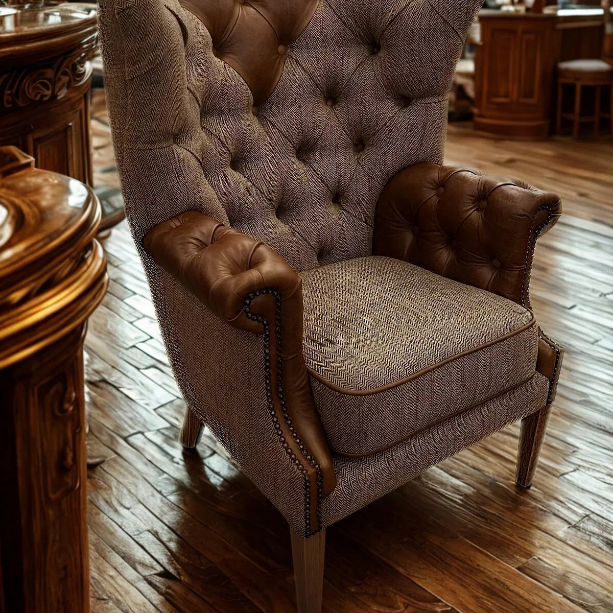 High back armchair with brown leather and textured fabric, button tufting, wooden legs