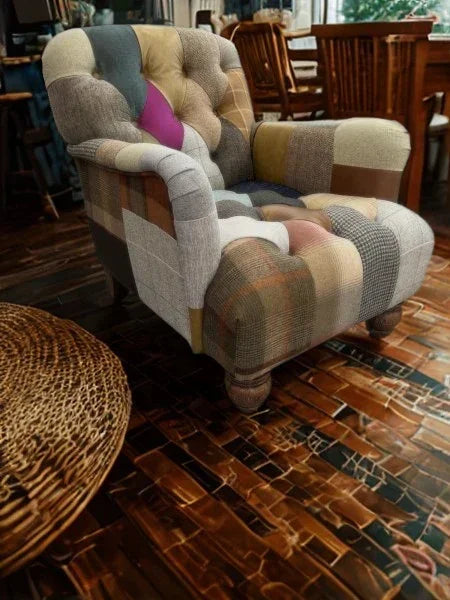 Patchwork fabric armchair with tufted backrest in cozy dining room setting
