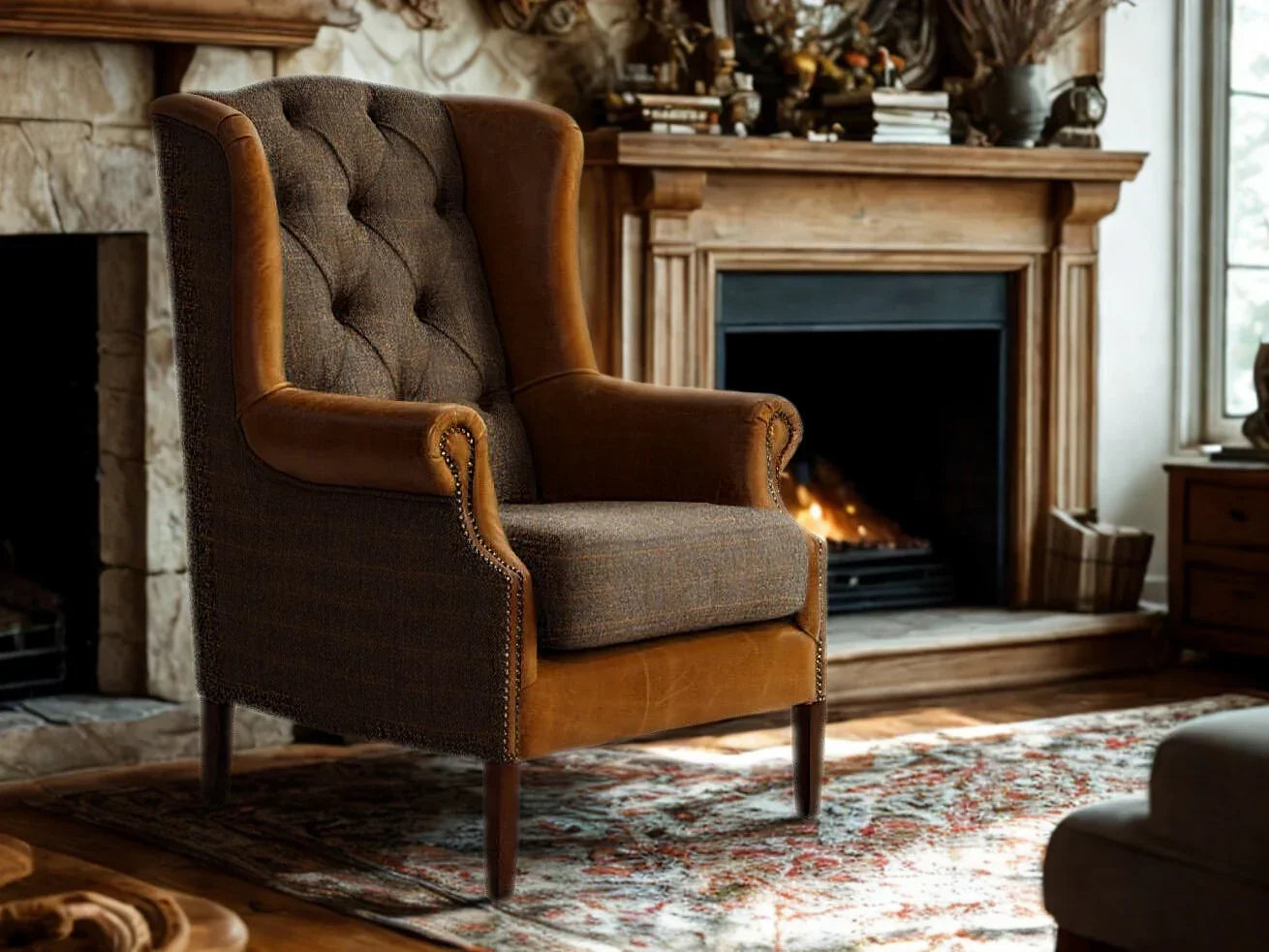 Brown wingback armchair with tufted backrest and wooden legs in front of fireplace