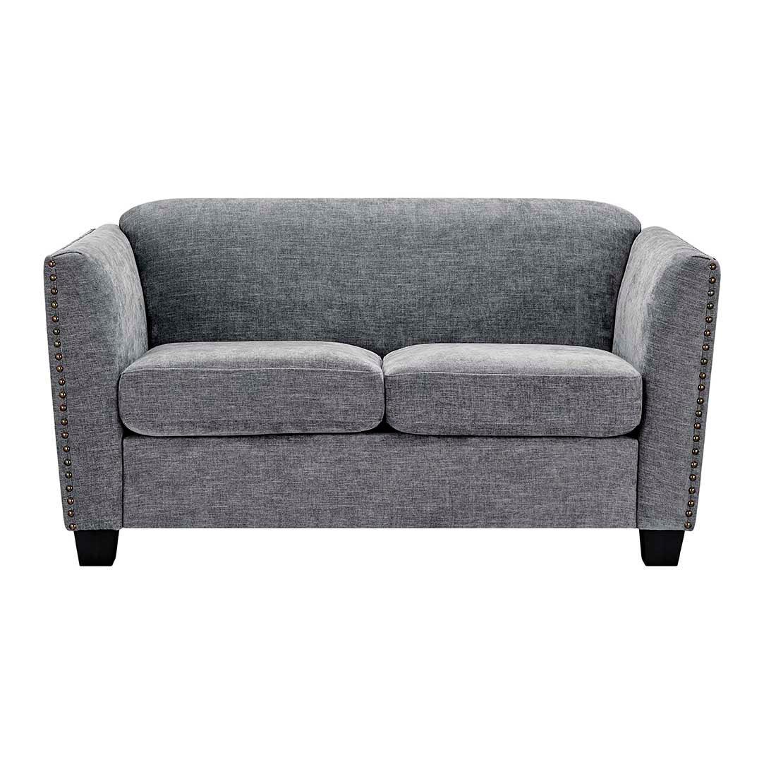 Grey fabric sofa with nailhead trim and dark wood legs, front view
