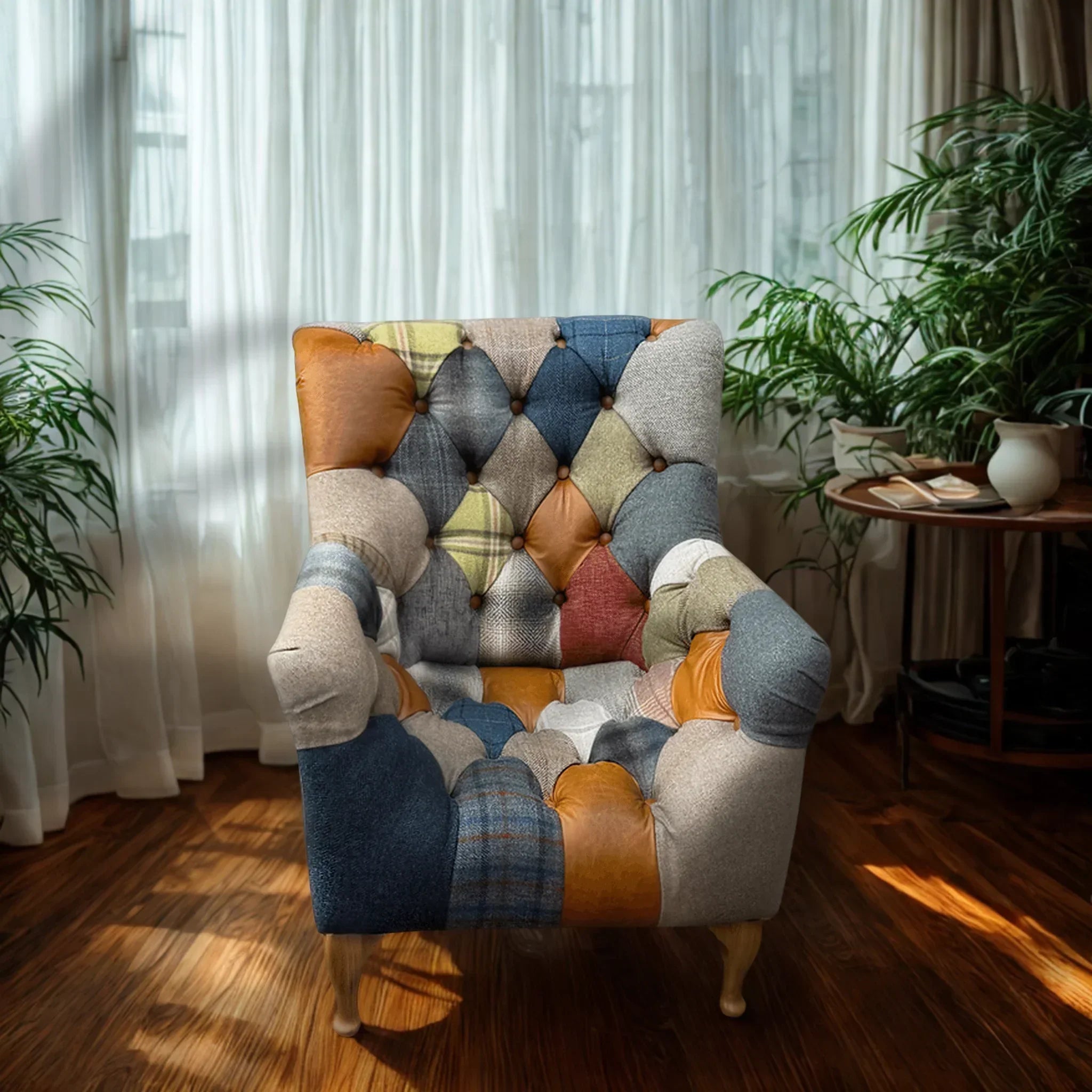 Patchwork armchair with tufted design on wood floor by window with green indoor plants