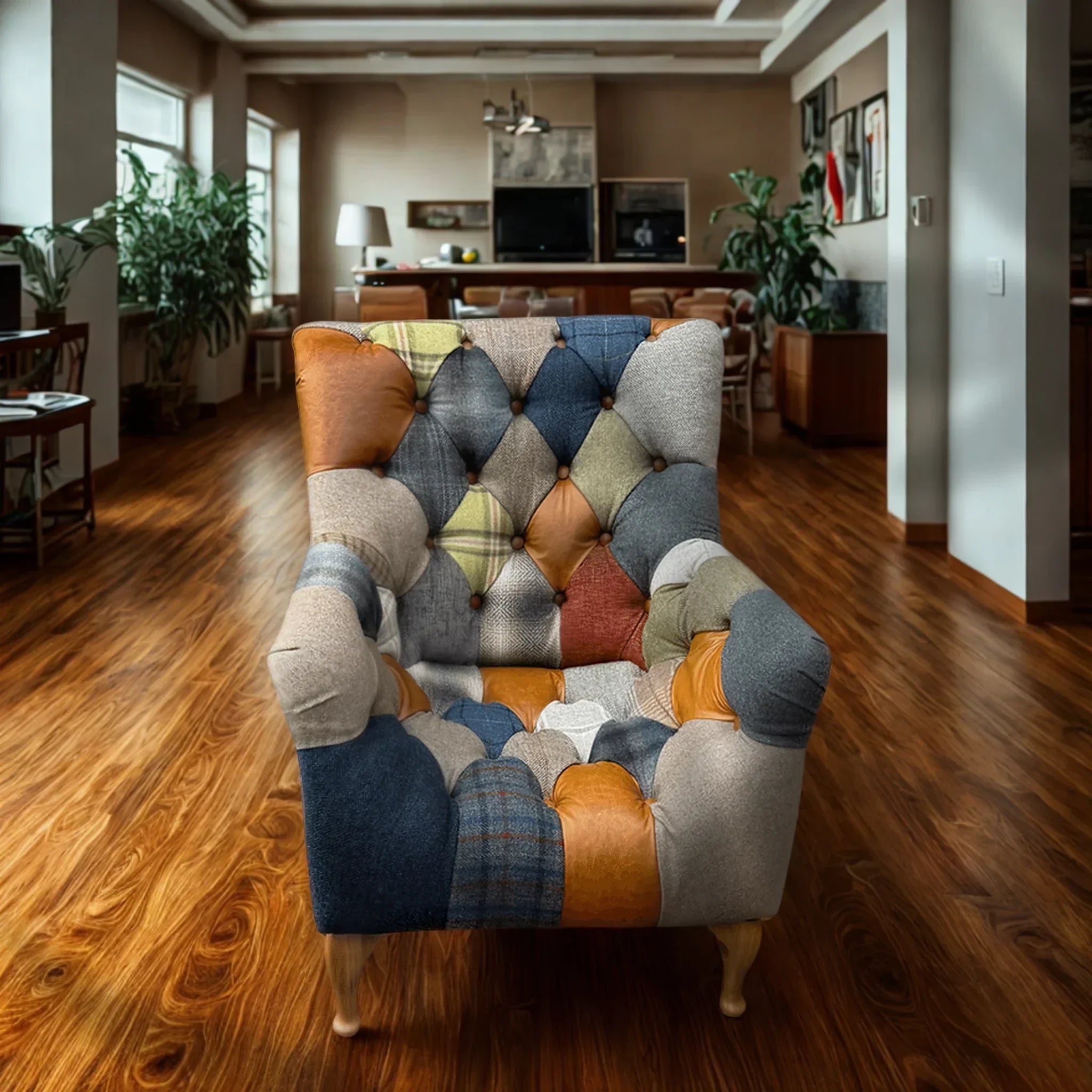 Patchwork armchair with button-tufted upholstery in modern living room with wooden floor