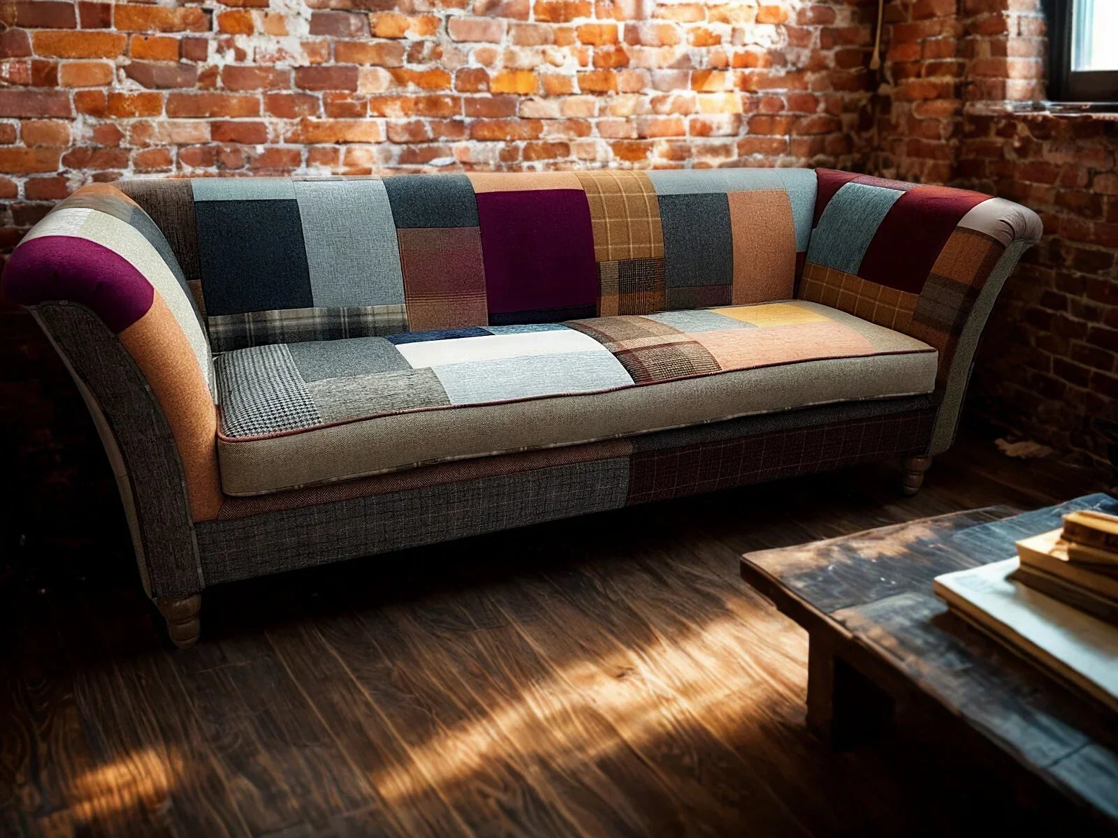 Patchwork fabric sofa with multicolour panels in a rustic living room with brick walls