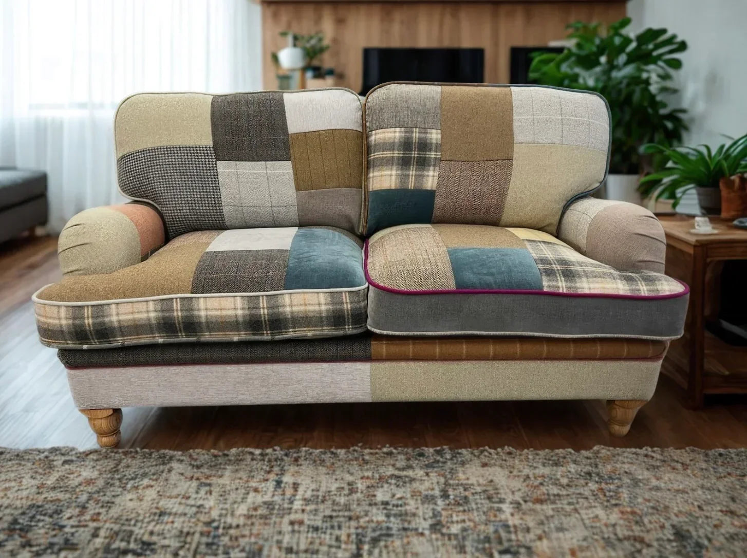 Patchwork fabric sofa with wooden legs in living room, multicolored squares and cushions