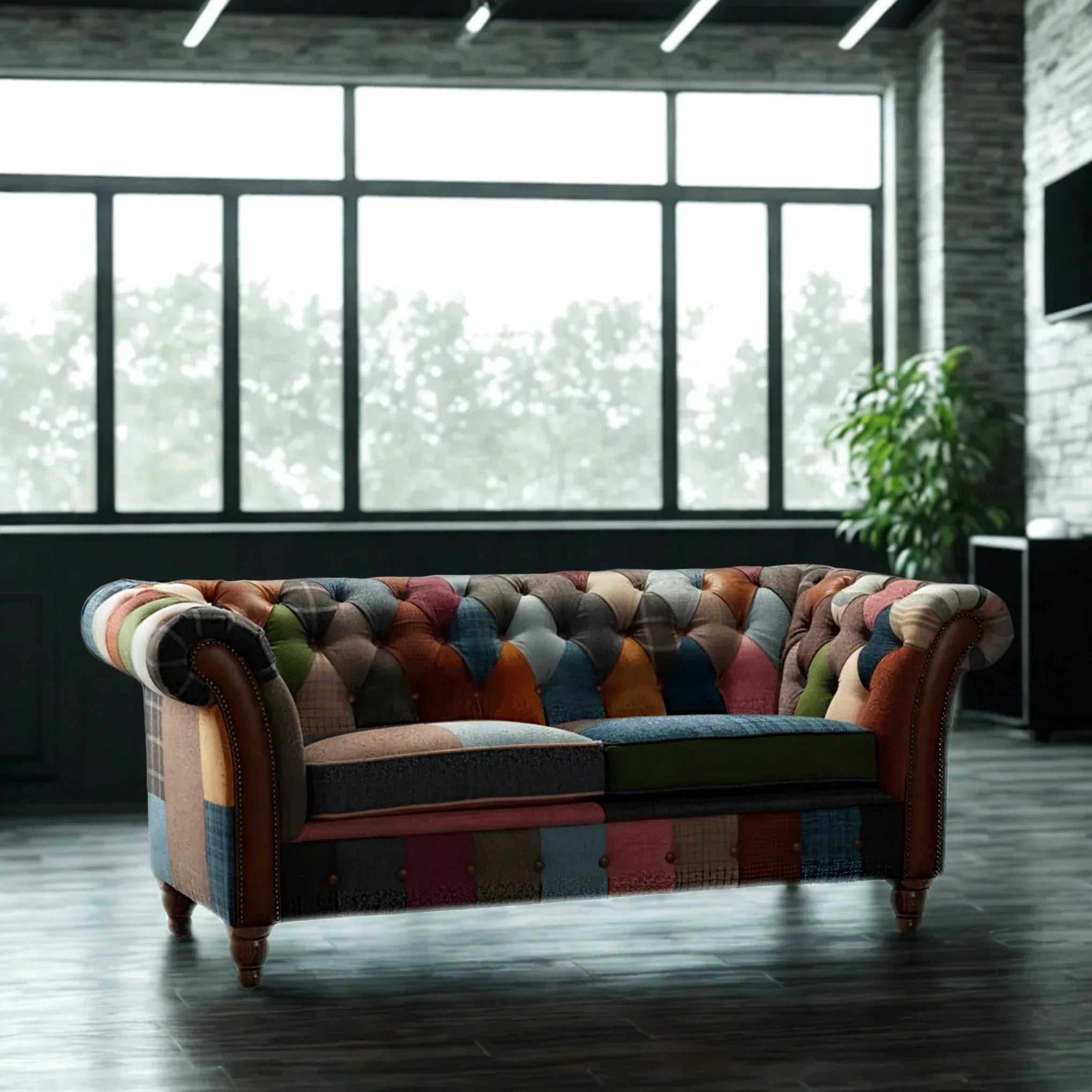 Patchwork fabric Chesterfield sofa with tufted backrest in modern living room