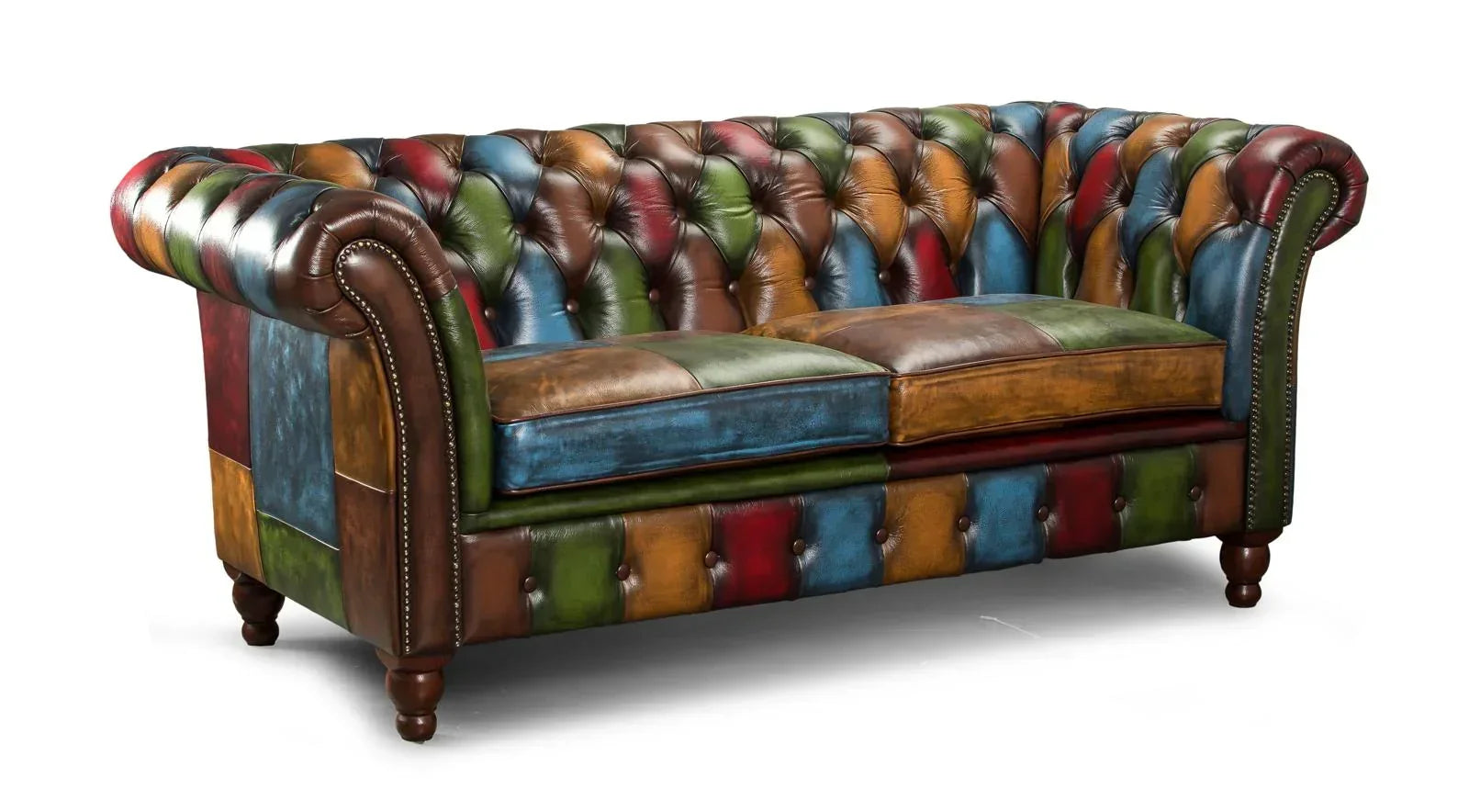 Patchwork leather Chesterfield sofa with tufted backrest and multi-coloured upholstery
