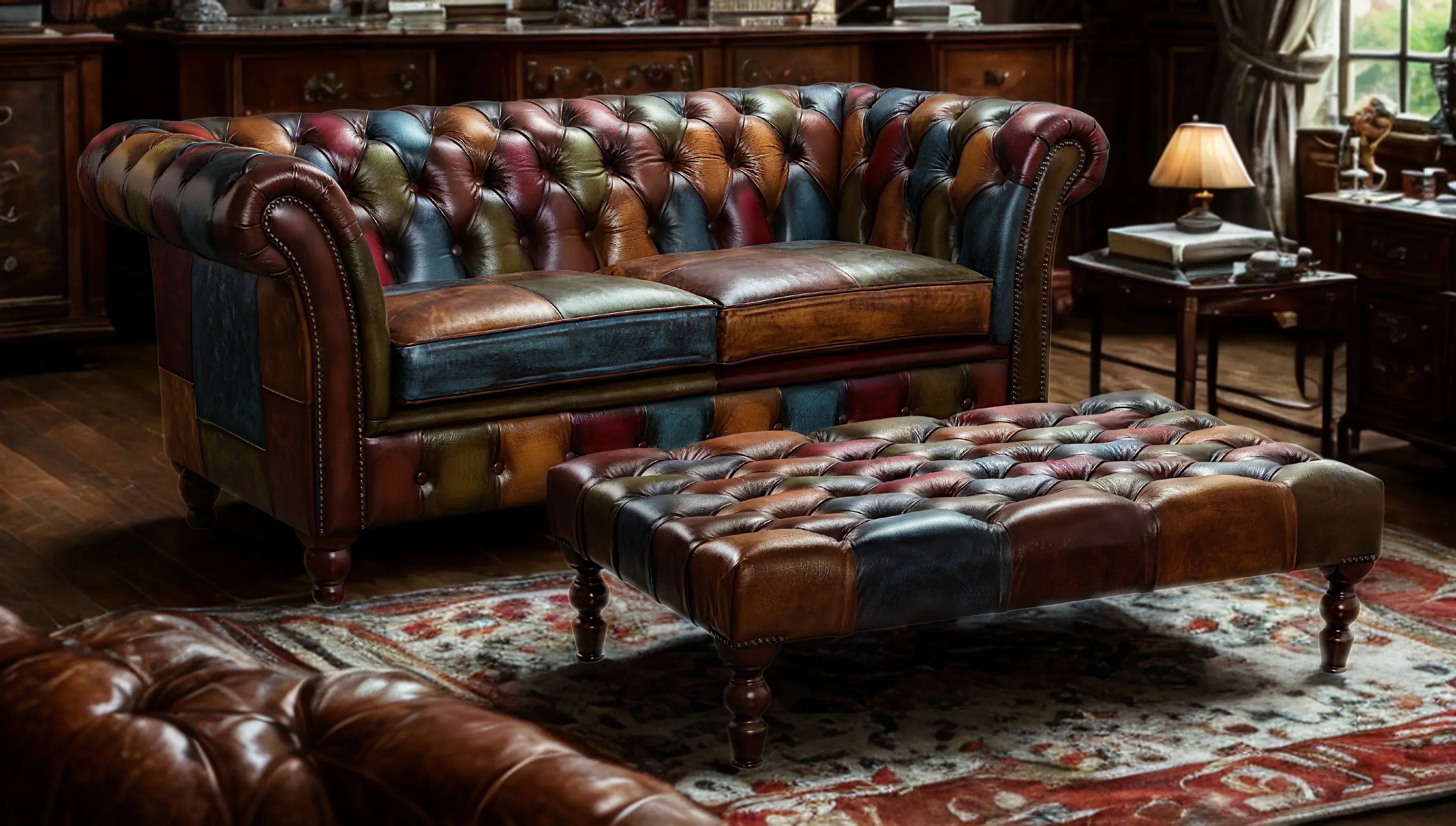 Patchwork leather Chesterfield sofa and matching ottoman in a vintage living room with wooden floor