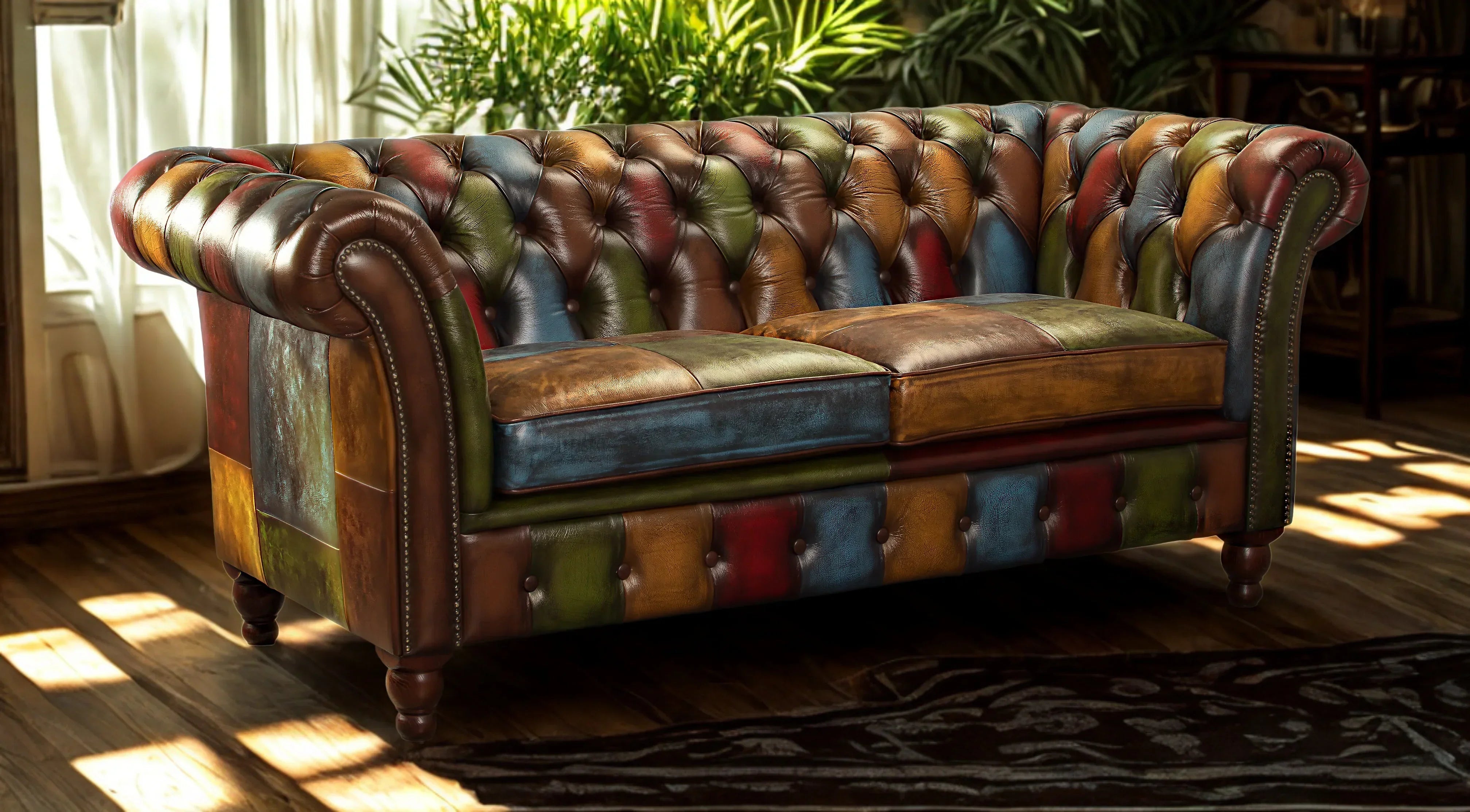 Patchwork leather Chesterfield sofa with button-tufted backrest in sunlit living room