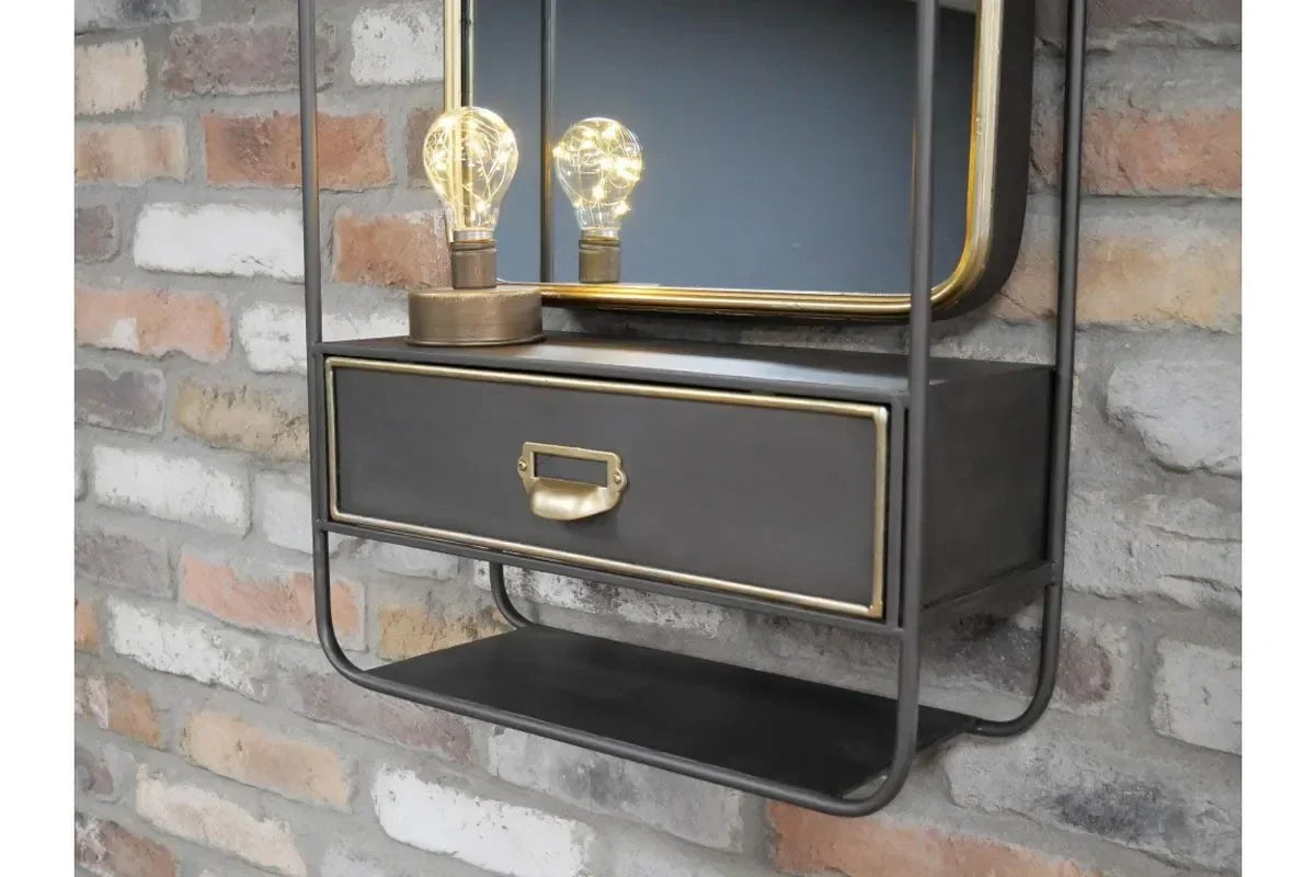 Industrial wall mounted shelf unit with drawer and mirror, bronze trim, exposed bulbs
