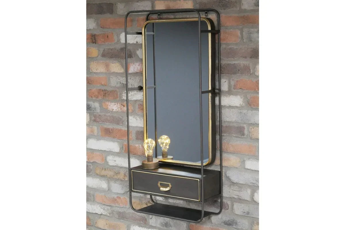 Industrial wall mirror with metal frame, single drawer, and two exposed bulbs on brick wall