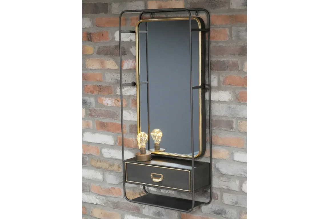 Industrial wall mirror with black metal frame, small drawer and two exposed bulbs