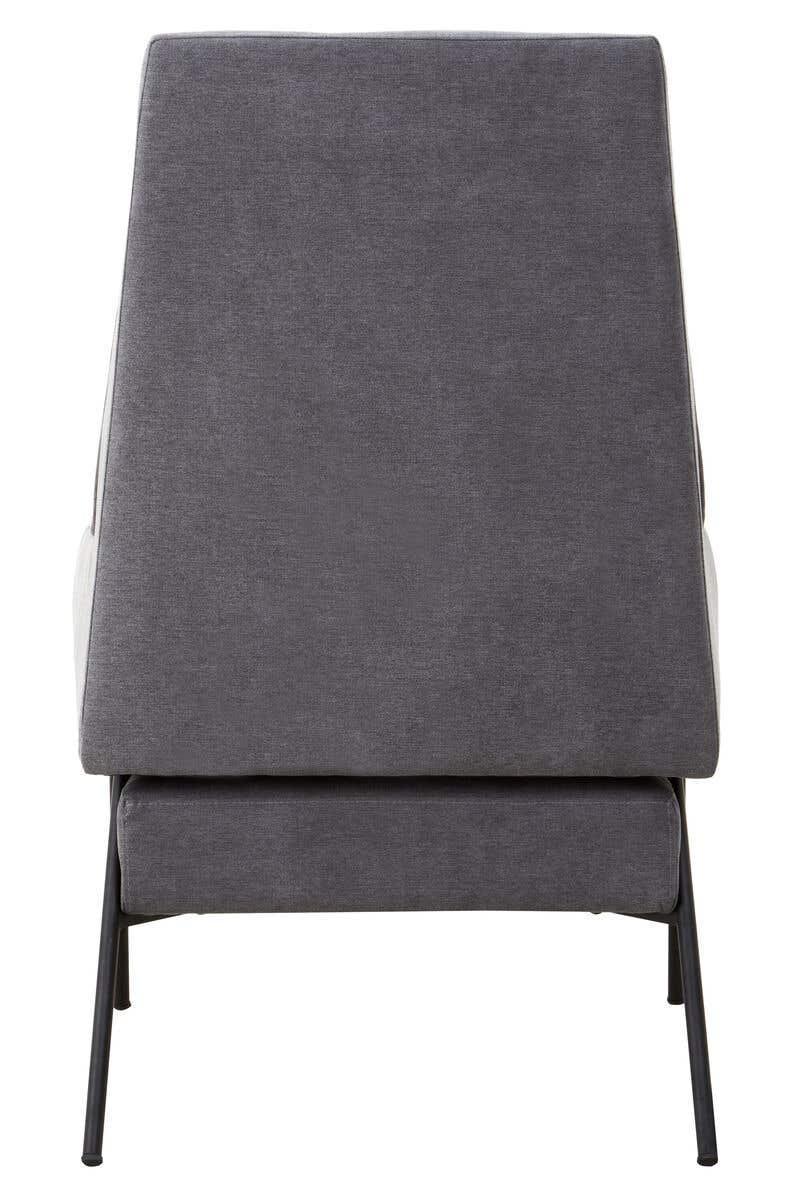 Rear view of grey fabric armchair with slim black metal legs
