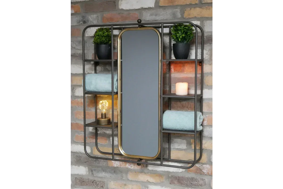 Wall mounted metal bathroom shelf with mirror, towels, potted plants and decorative items