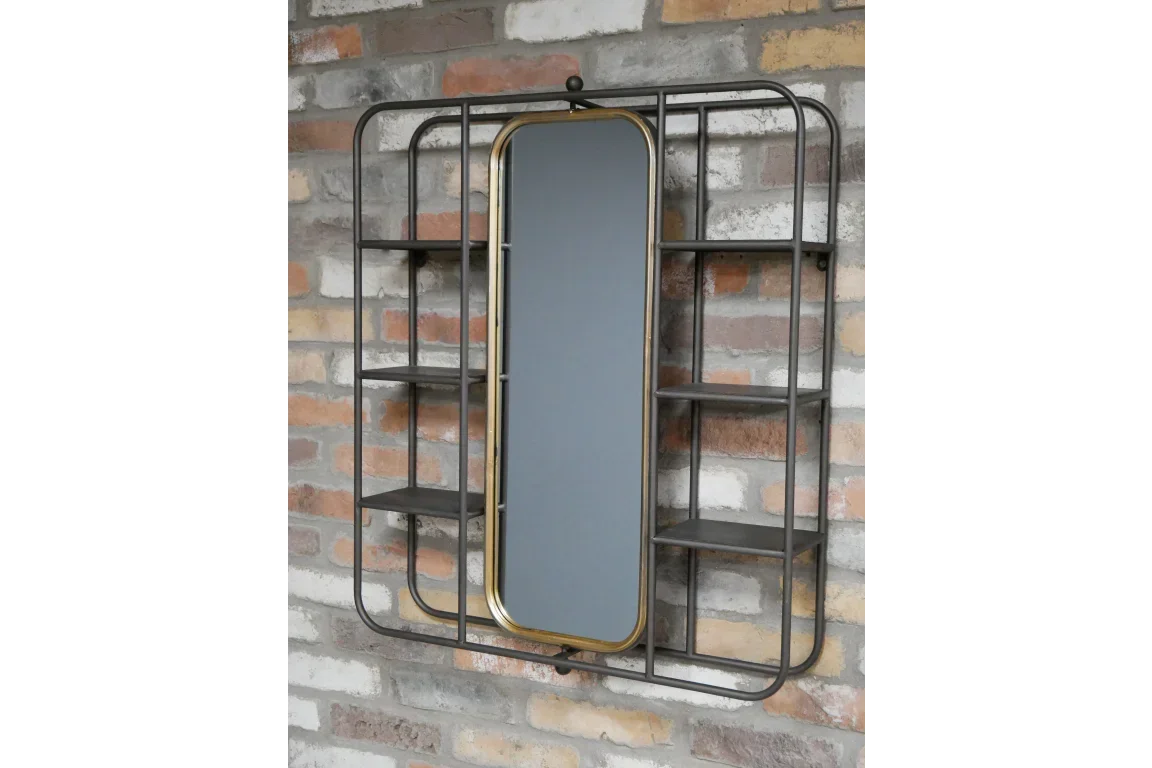 Metal wall shelf unit with central mirror and six side shelves, mounted on brick wall