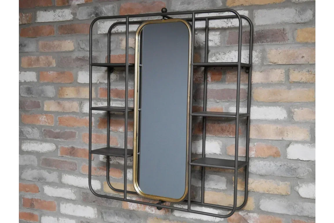 Industrial wall mirror with metal frame and shelves mounted on exposed brick wall