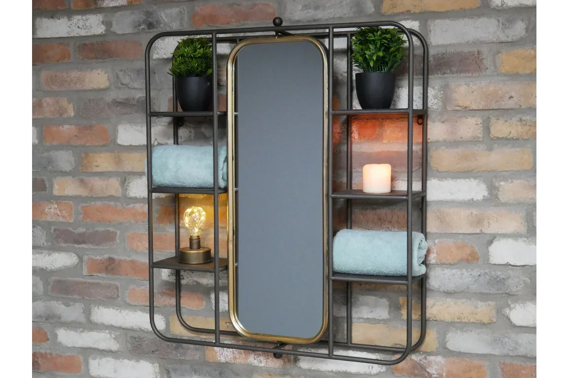 Industrial wall mirror shelf unit with metal frame, storage shelves, and decorative items