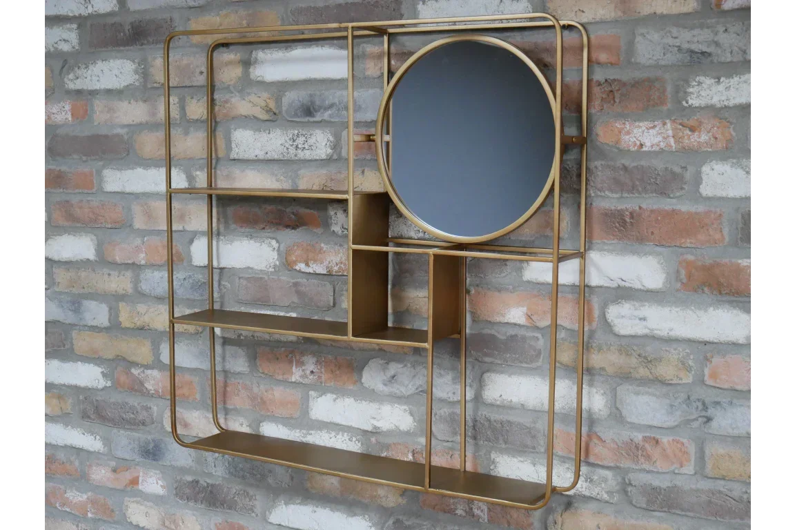 Gold metal wall shelf with round mirror and multiple open shelves on brick wall