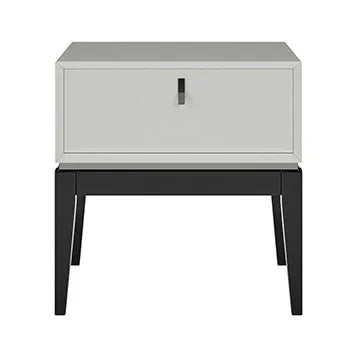 Modern bedside table with grey drawer and black legs, front view furniture photo
