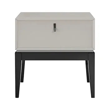 Modern two-tone bedside table with drawer and black wooden legs, front view