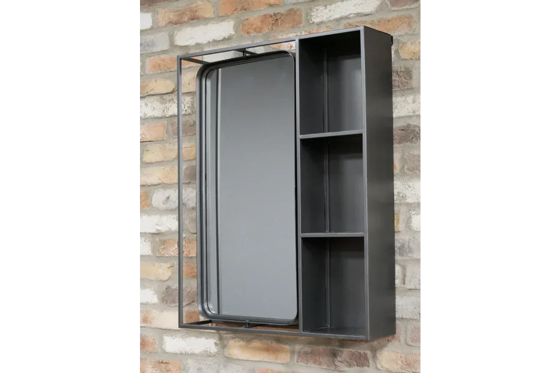 Wall mounted metal bathroom cabinet with mirror and open shelving, side view