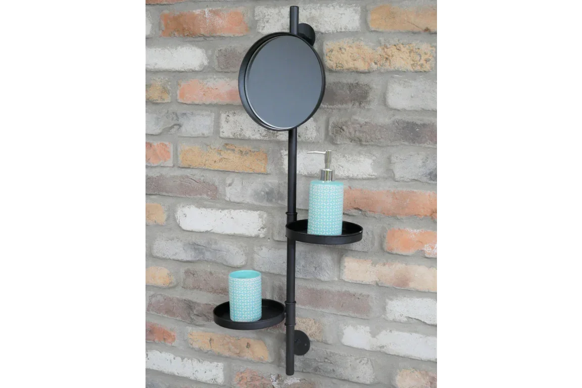 Black metal wall mounted bathroom shelf with mirror and two trays on brick wall