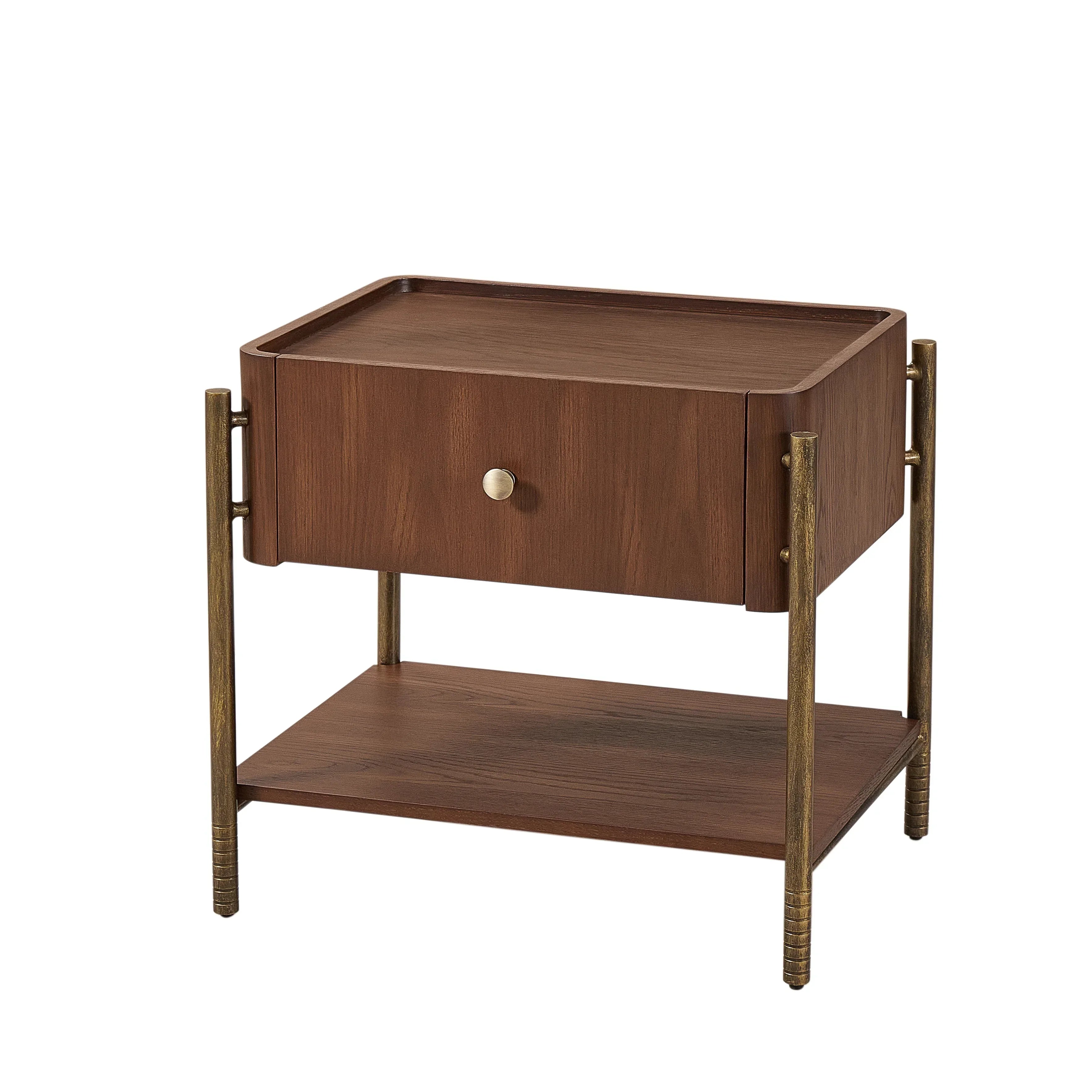 Walnut wood bedside table with single drawer, brass legs, and lower storage shelf