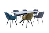 A modern dining set featuring a rectangular light gray stone-look table surrounded by five upholstered chairs in blue, olive green, and gray, with black metal legs, shown on a solid white background.