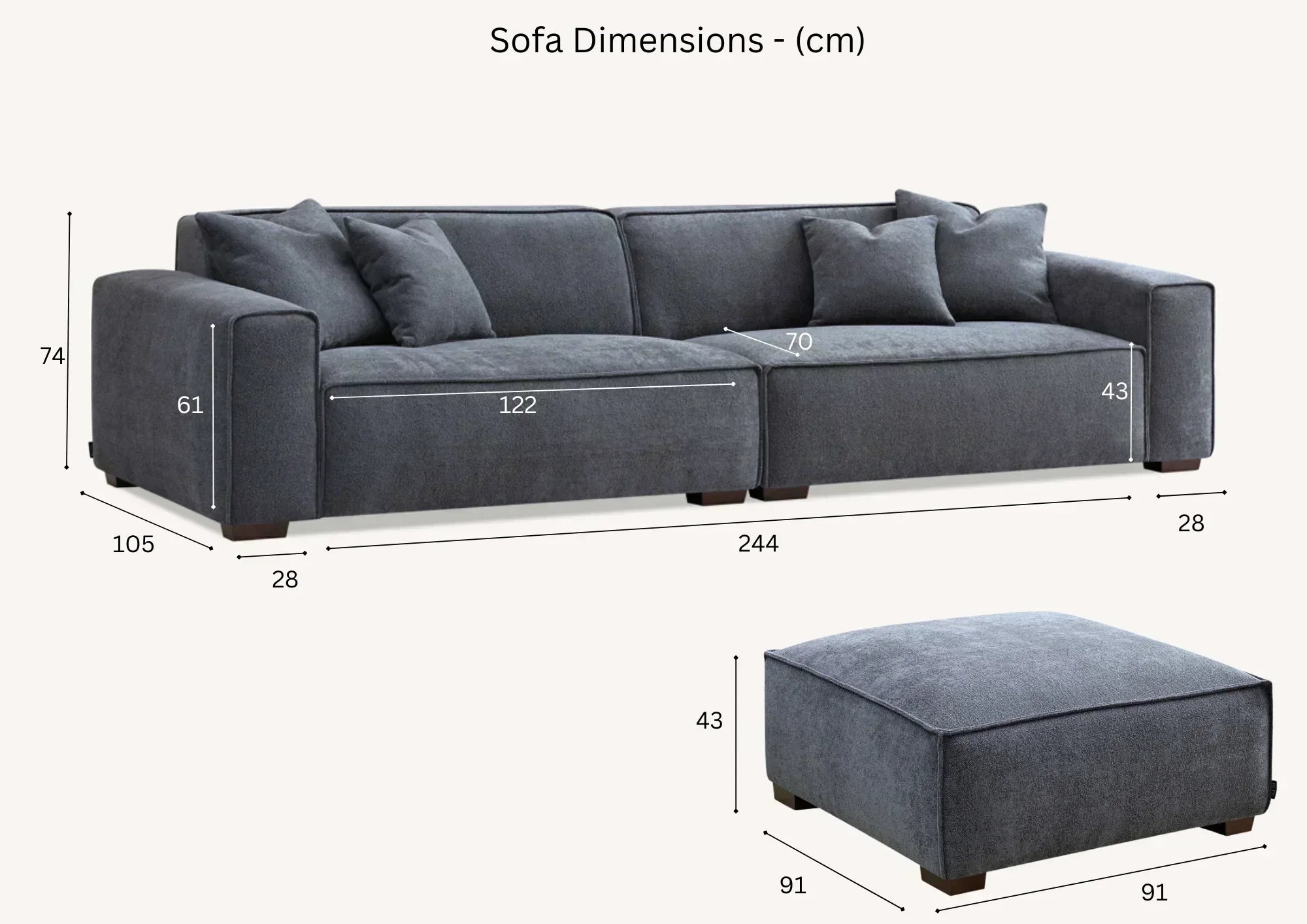 Grey fabric sofa with dimensions and matching ottoman, modern design with scatter cushions