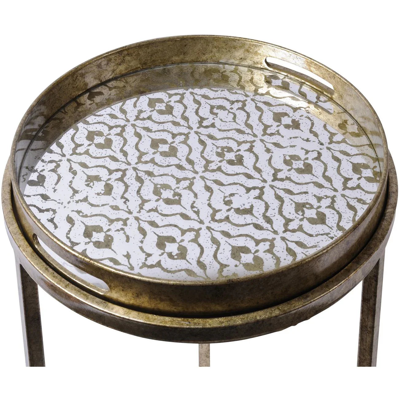 Round gold tray table with intricate white and gold pattern.
