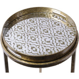 Round gold tray table with intricate white and gold pattern.