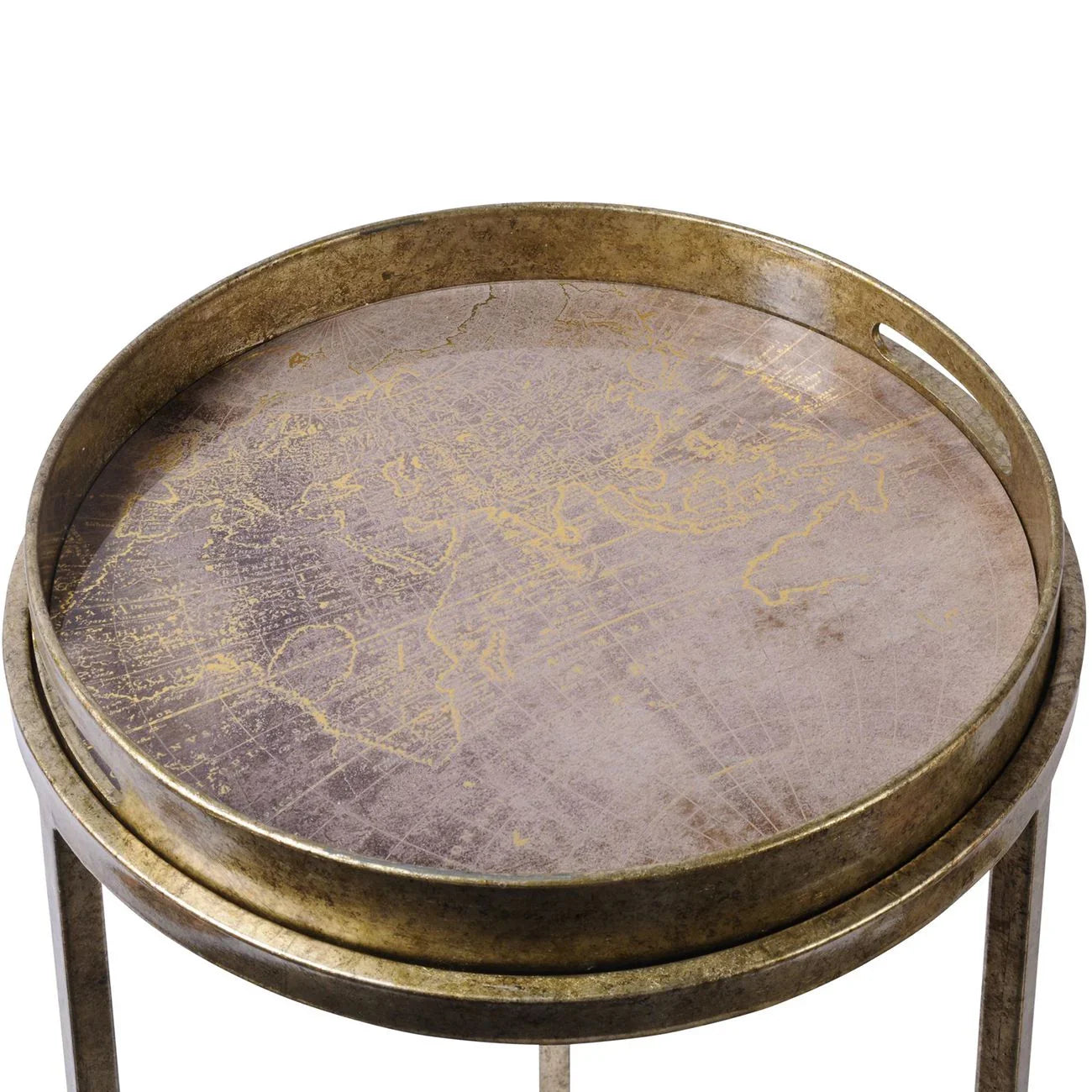 Antique gold tray table with map design on round surface.