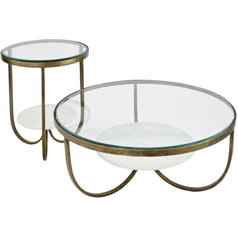 Round glass and marble tables with antique gold iron frames.