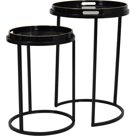 Black and gold round tray tables with sleek metal frames.