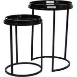 Black and gold round tray tables with sleek metal frames.