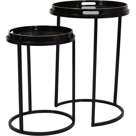 Black and gold round tray tables with sleek metal frames.