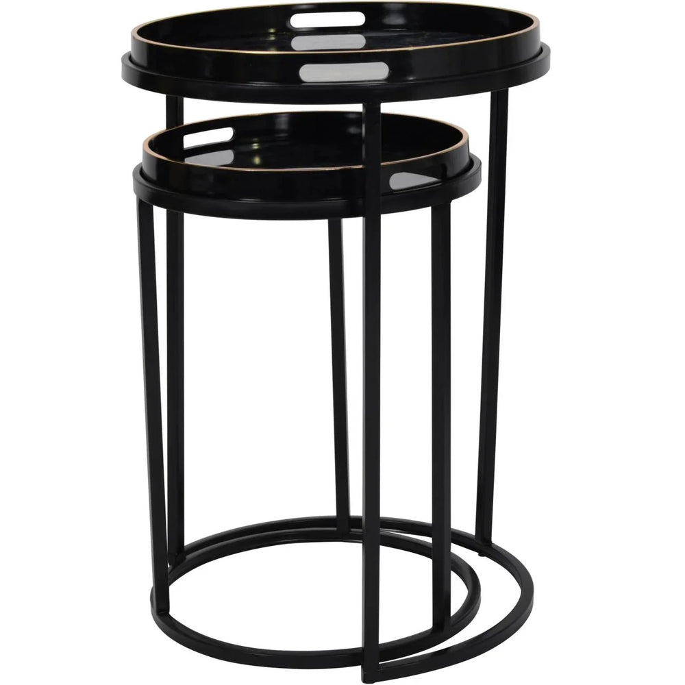 Black nesting tray tables with gold accents and circular frames.