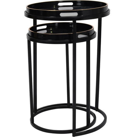Black nesting tray tables with gold accents and circular frames.