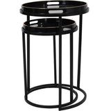 Black nesting tray tables with gold accents and circular frames.