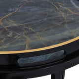 Black and gold tray table with marble-like surface detail.