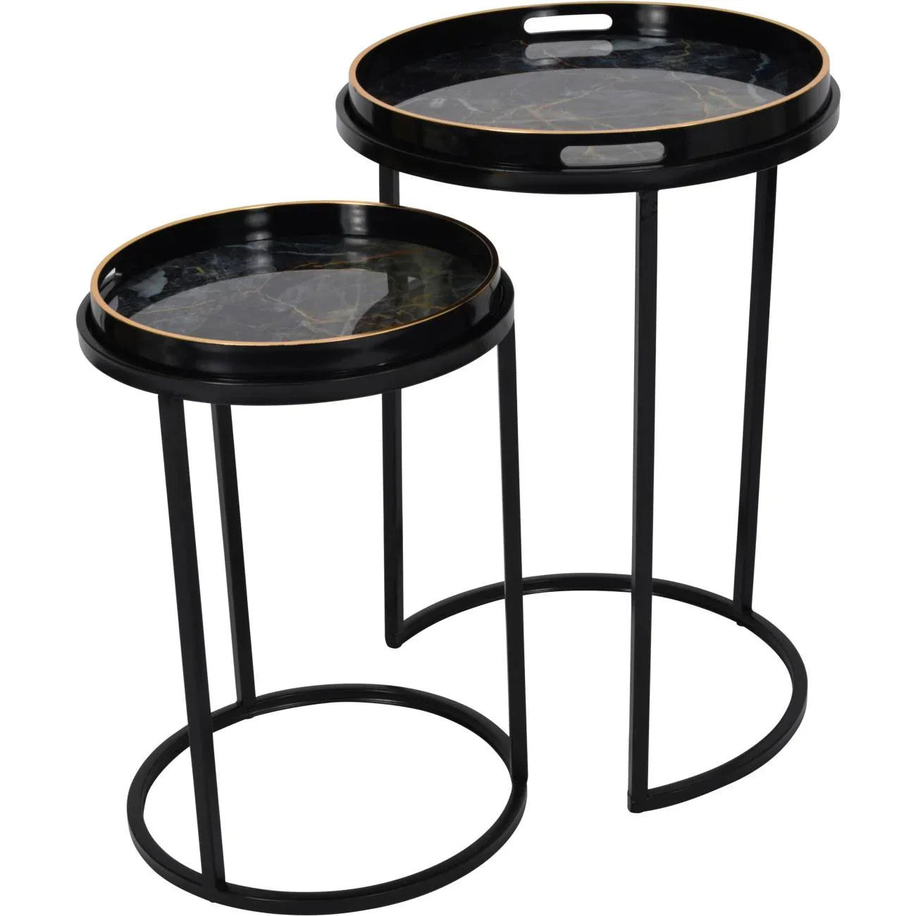 Black and gold tray tables with circular tops and sleek metal frames | Home Centre Direct UK