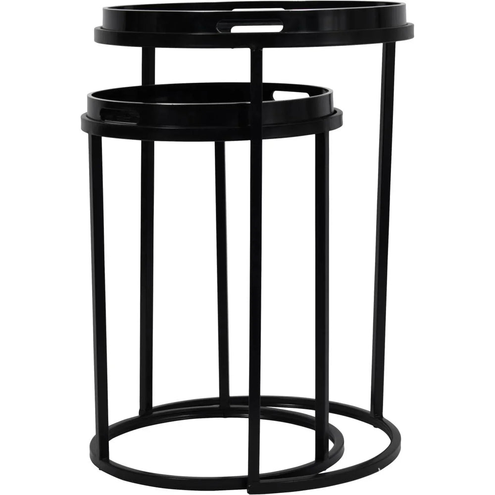 Black metal nesting tray tables with circular frames.