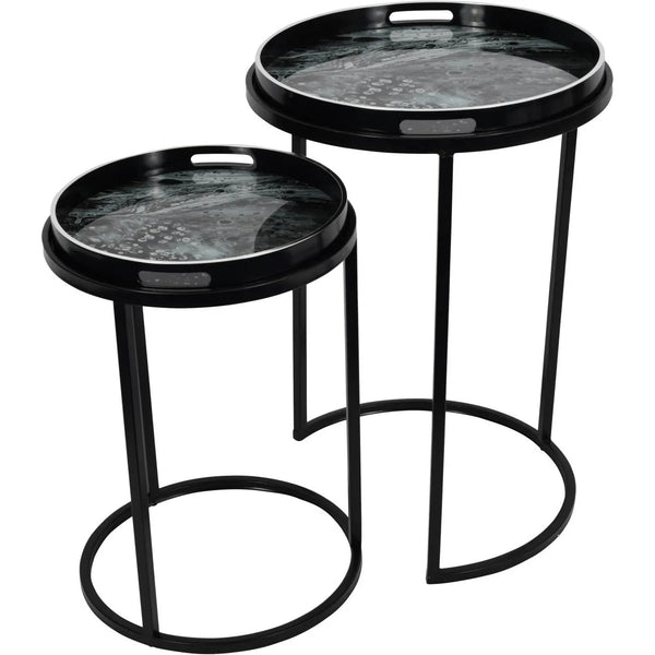 Black metal tray tables with swirling monochrome tops | Home Centre Direct UK