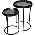 Black metal tray tables with swirling monochrome tops | Home Centre Direct UK