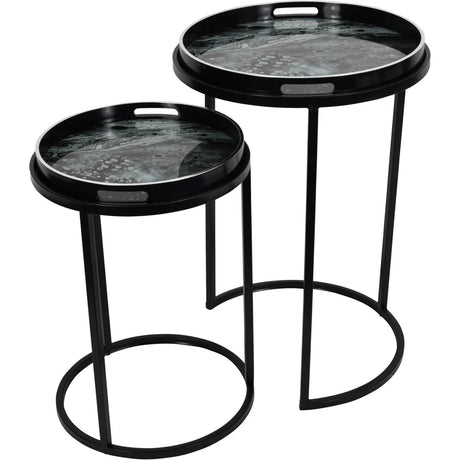 Black metal tray tables with swirling monochrome tops | Home Centre Direct UK