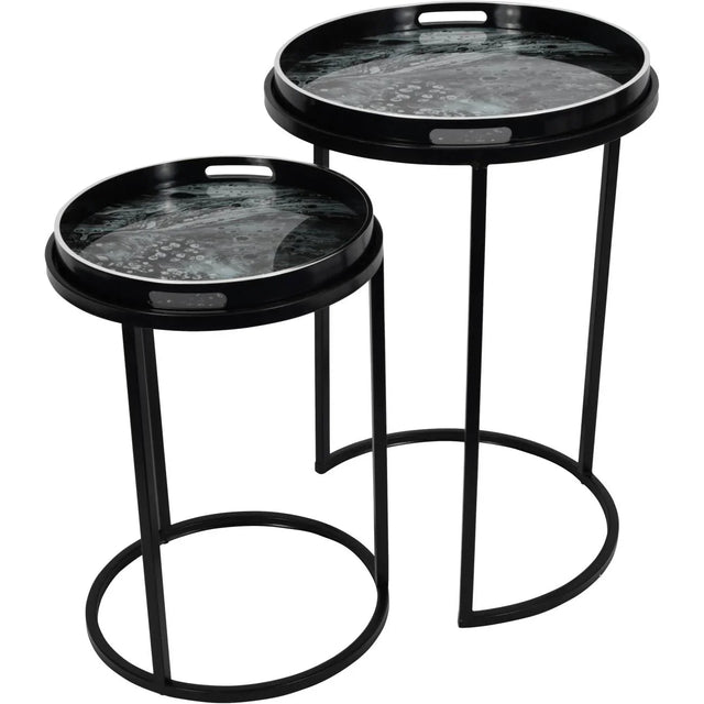 Black metal tray tables with swirling monochrome tops | Home Centre Direct UK