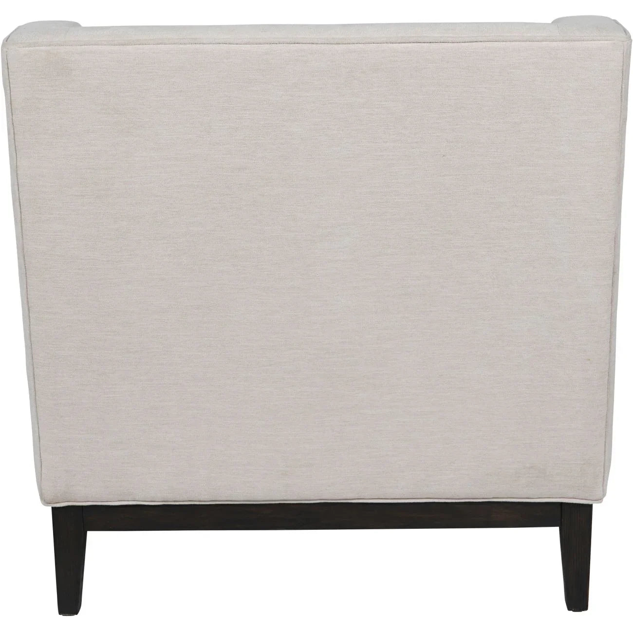 Ivory fabric armchair back view with dark wooden legs