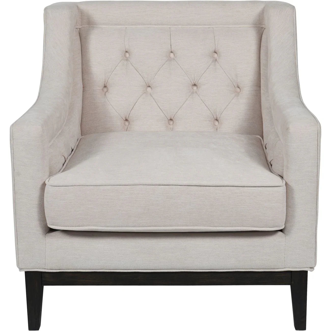 Ivory fabric armchair with buttoned backrest and dark wooden legs | Home Centre Direct UK
