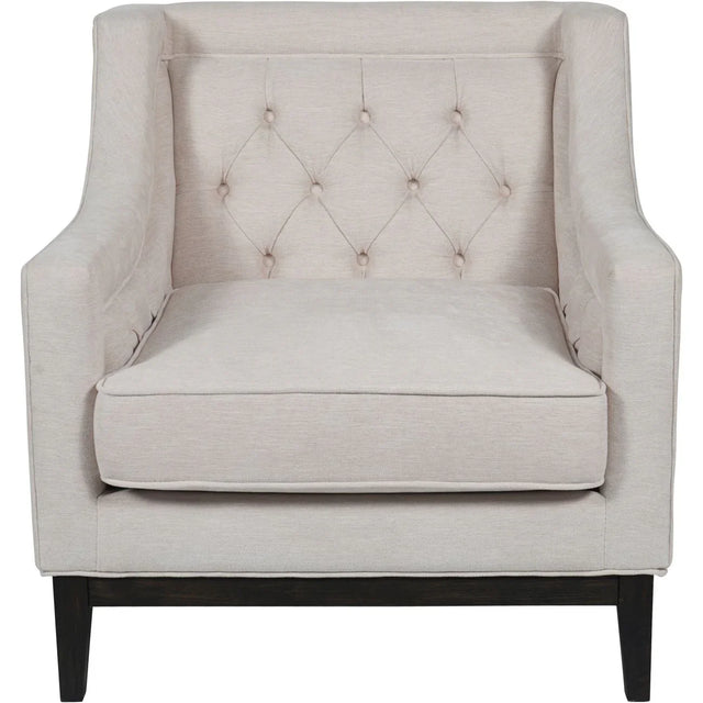 Ivory fabric armchair with buttoned backrest and dark wooden legs | Home Centre Direct UK