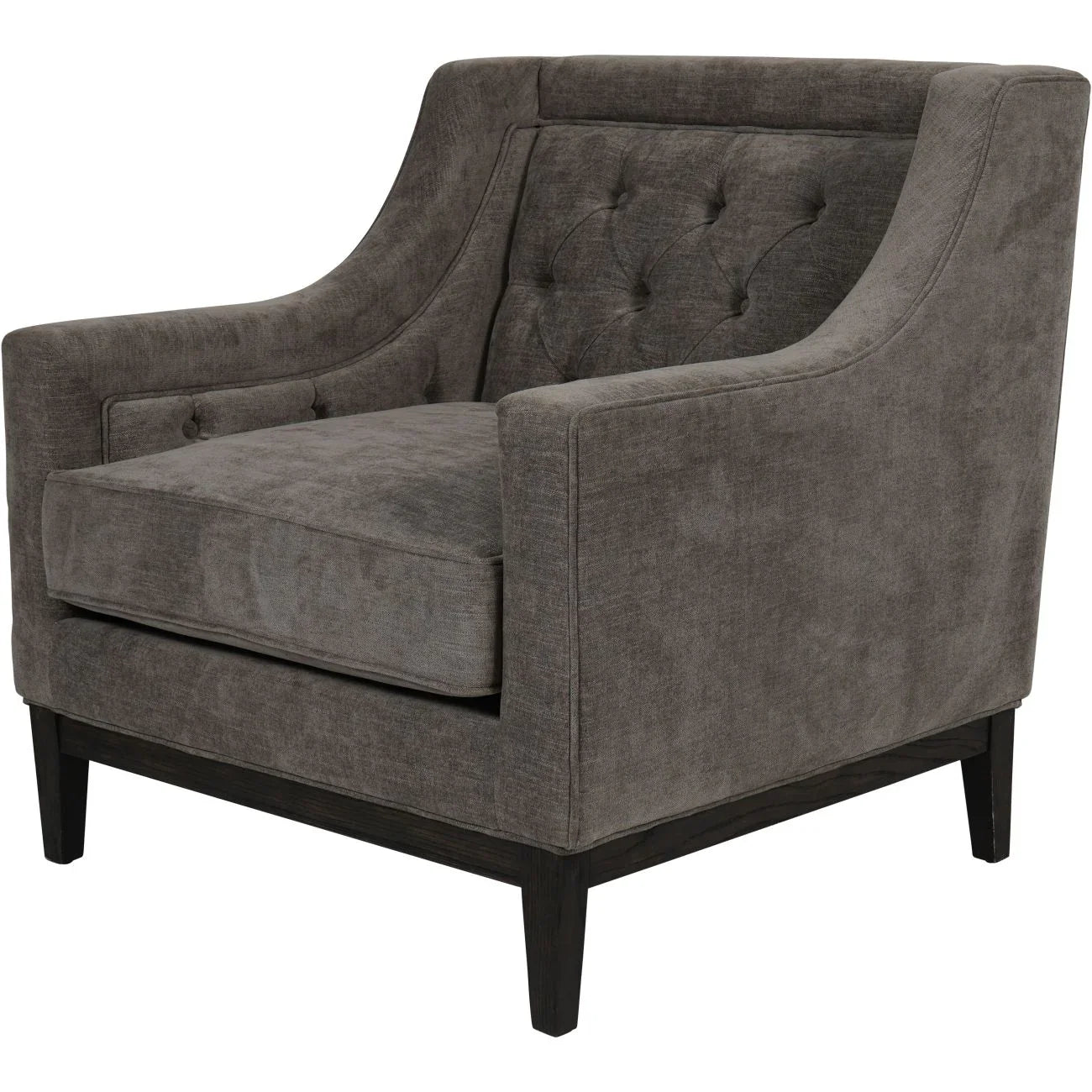 Warm grey armchair with buttoned backrest and dark wooden legs.